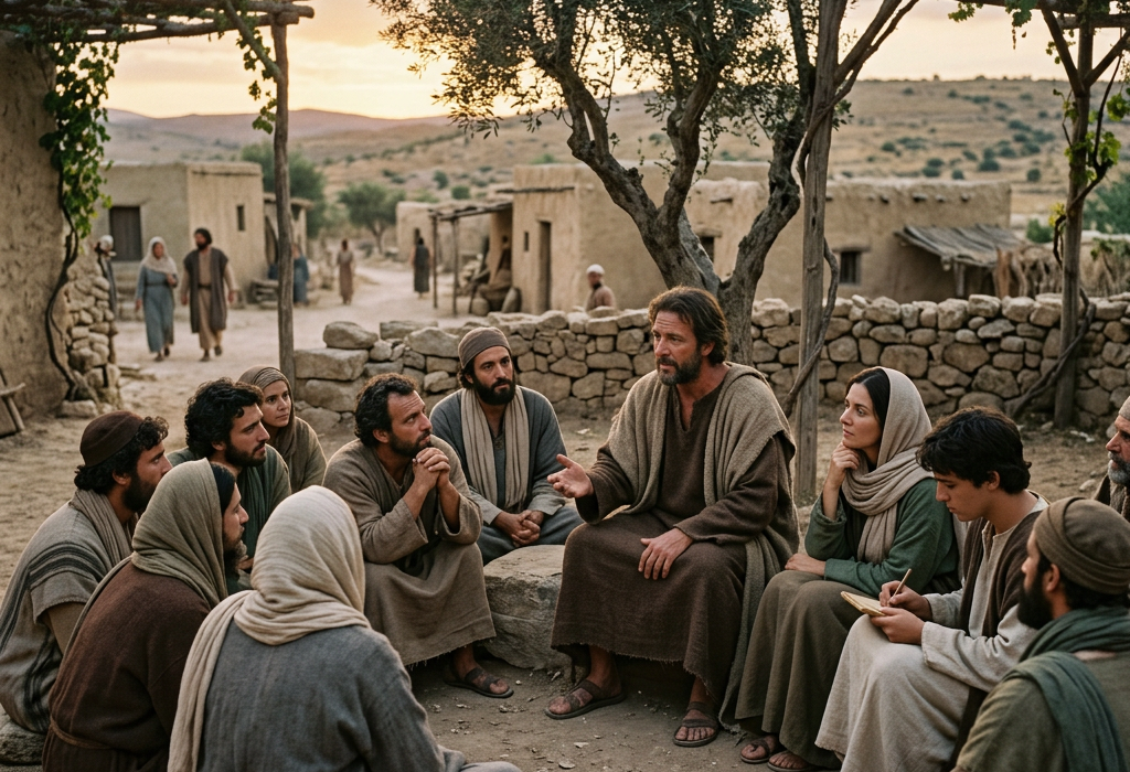 Ancient village scene with people gathered around a teacher sitting on a stone under a tree