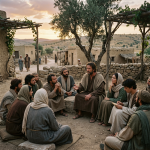 Ancient village scene with people gathered around a teacher sitting on a stone under a tree